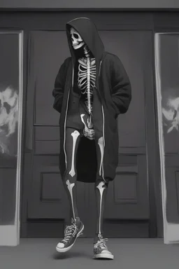 8k animation image of an attractive skeleton boy, dressed in trendy hoody, in the style of tim burton