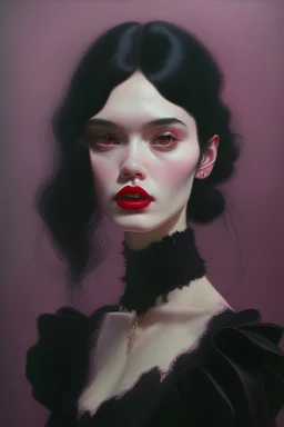 painting by koson ohara and marta bevacqua, portrait of a beautiful goth woman with black hair and pink lips, wearing a black dress, 8k, high quality, highly detailed full body
