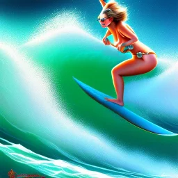 close up of fat girl surfing the waves, fantasy art, movie poster