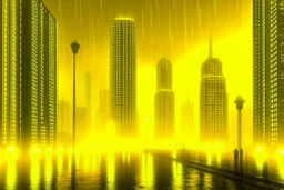 A city in the future is in the night and it's raining and it's foggy and it's bright yellow.