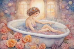 woman in bubblebath, wet on wet + sunrise, petals, watercolor patchwork by Daniel Merriam, Josephine Wall. elegant beautiful watercolor aquarelle