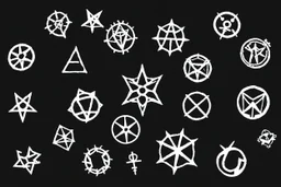 multiple different cryptic symbols spread out. white on black background