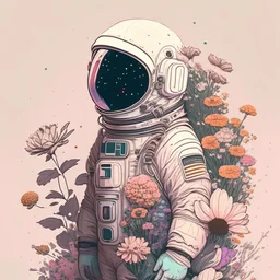 "floral astronaut" hand-drawn digital art, muted tones, flowers everywhere, REALISTIC, anime, 4k, colorful