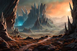 An eerie and surreal landscape on an alien planet, where strange and bizarre creatures amble along a winding mountain path. The environment appears to be a fusion of organic and inorganic structures, with towering rock formations jutting out of the ground, their jagged edges adorned with strange vegetation and glowing crystals. The creatures themselves are a mix of alien animals and humanoid beings, their bodies often seemingly organically fused with the surrounding environment. They vary in app