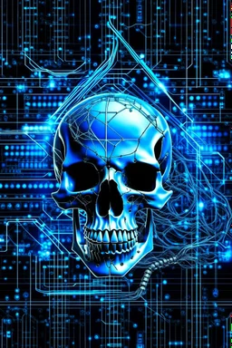 A computer chips and electronic components are connected by neurones space blue human skull