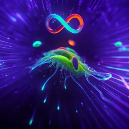 infinity symbol ∞ with vibrant single Bioluminescent Plankton in water, striking, neon, chiaroscuro, dramatic, captivating, powerful, fantasy, beautiful, octane render, 16k post-production, artstation: award-winning: atmospheric: commanding: fantastical: clarity: ultra quality: striking: brilliance: stunning colors: amazing depth; lens: f/11, 35mm