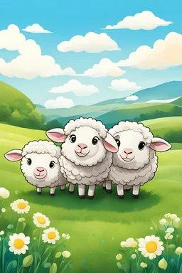 create an image with 6 cute sheep with the typography, happy face "ovelhinhas da fé", 2d, cartoon style, chibbi, kawai, a green field and blue sky in the background, perfect face, water color