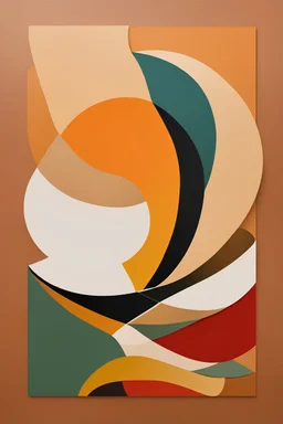 Organic Abstraction": Create a minimalist artwork of geometric elements that blends organic forms and minimalist aesthetics, symbolizing the interconnectedness of all living things, vibrant rich shady, midcentury artwork, earthen background