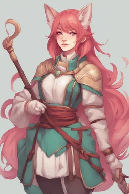 Teenaged Female kitsune paladin/bard with red, teal, and pink hair