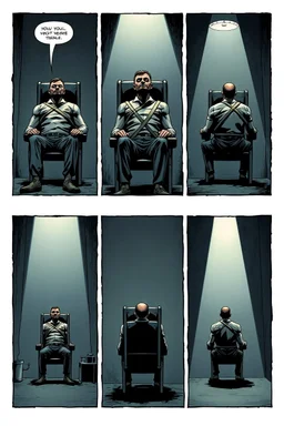 a page divided into 6 rectangular panels, each with different views of a man strapped to a chair and being interrogated, lower and higher perspectives, front and back, overhead light, suspenseful torture graphic novel, comic book