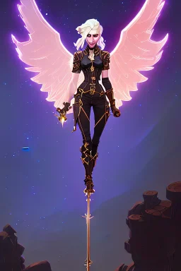 starry night, blonde steampunk angel holding staff, majestic