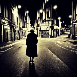 album cover a old woman walk in streat in dark night , some evels hiden in road