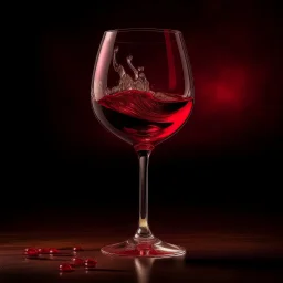 Create an artistic representation of a wine glass with a rich, red wine pouring gracefully into it. Capture the moment when the wine is suspended in mid-air, forming a beautiful arc as it enters the glass. The background should have soft, warm lighting to accentuate the colors and enhance the overall feeling of elegance and indulgence.