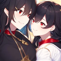 Clear Focus, High resolution, black medium fluffy hair, red eyes, wearing a red collar, wearing a black shirt that is half black and half gold, one sleeve is golden and the other is black, wearing a short black skirt with gold at the bottom, black fingerless gloves, long golden stockings, smiling, extreme close up