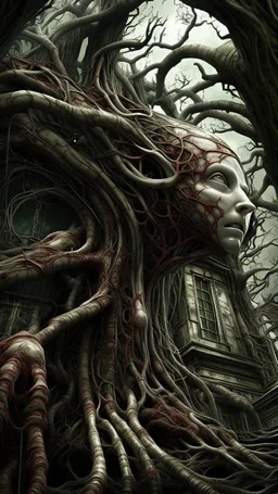 Quintessential Horror Surrealism:A woman Gothic cyber-surreal figure's form undergoes catastrophic dimensional fission through Seedream 3D recursive rendering, fracturing into chaos Legion Doodle simultaneous nightmare realities while simultaneously occupying four perforated reality levels—manifests as a blood-drenched forest where trees weep crimson sap and bioluminescent fungi pulse with recursive Fibonacci patterns, surrounded by carnivorous flowers with fanged mouths dripping neon venom; mat