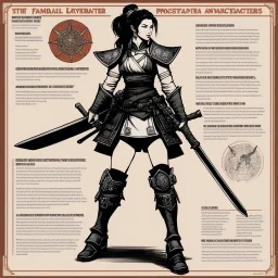 character concept sheet with AD&D statistics and characteristics, [illustration by Kevin Eastman and Peter Laird] female samurai in agent provocateur: local vs. global