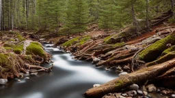 stream running through a rocky clearing in a pine forest