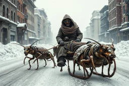 mutant cockroach creatures pulling a dogsled carrying a man dressed in steampunk snow goggles, head-wrapping, and heavy robes; middle of a street in an empty destroyed crumbling city, post-apocalyptic winter dystopia, massive snow drifts, snow and ice particles, dramatic