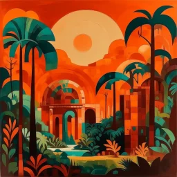 A dark orange colored rainforest with a coliseum designed in African pottery painted by Wassily Kandinsky