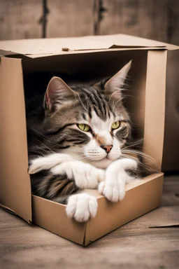 A cat sleeping peacefully in an old cardboard box