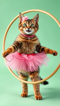 A cat dressed like ballerina playing the large Hula Hoop around her waist happy and smiling