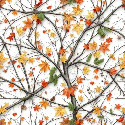 detailed Real Tree Camouflage made of bare bush branches, fir branches, dried maple leaves, snow and dirt, white background, seamless repeatable texture camo pattern