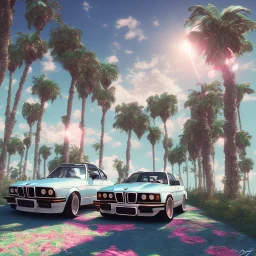 1980's aesthetic vaporwave palm trees and spheres and bmw