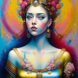 iv_a painting of a young woman, figurative art, an acrylic detailed painting, , brush strokes, paint drips and drabs and splatters by Harumi Hironaka, turquoise pink and yellow, james terrell art, trending on artstation, soft lines,intricate art by bastien lecouffe deharme and greg rutkowski