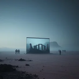 A super high definition photo of a dark open space with structures and a large computer screen. A transparent tarpaulin covers an image resembling a ruined building. There is a group of figures in the background and a high hill in the distance. The surface below is in a pastel color. Fog is present. Scientific terraforming ongoing