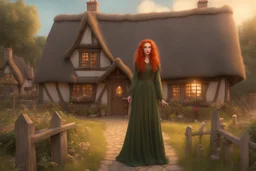 Full body shot of a tall slim pretty, red-headed young female witch, casting magical glowing symbols into the air, dressed in a long flowing green dress, standing in front of a row of cottages and shops with thatched roofs