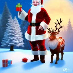 a 3d digital illustration of a man as Santa clause with snow, reindeer in background highly detailed, --ar3:2--v4--q2