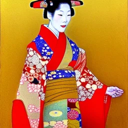 Retrato de cuerpo entero una Geisha con kimono con el estilo de Gustav Klimt