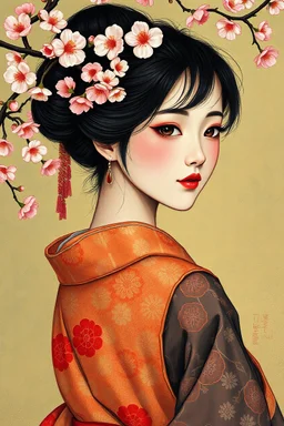 Portrait of a beautiful oriental girl wearing hanfu, sakura petal drops by kandinsky background batik by klimt