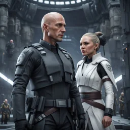 a bold and heroic bald male Corellian pilot in black and metallic grey First Order special forces gear meets a female Jedi Master in ancient, mystical temple, hyperdetailed, dynamic lighting, hyperdetailed background, 8k resolution, volumetric lighting, light skin, fully symmetric details