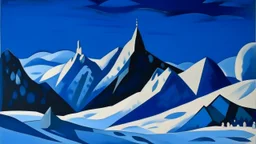 A dark blue snowfield with a frozen peak designed in Scandinavian folk art painted by Lyonel Charles Feininger