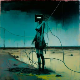 Dystopian future women twisted body with retro monitor head and handing wires. In desolate landscape at night. With a concrete decaying block. Abstract oil painting in style of Justin Mortimer