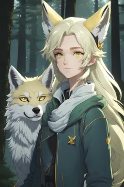 The handsome and perfect yellow-skinned and blonde-hair humanoid with wolf-ears, portrait is on the spruce land, anime, a casual, gray-haired and pale green-eyed female character with wolf ears and a feline tail in the forest, with stars of Pisces, 8K resolution, high quality, ultra graphics, and detailed with lines.