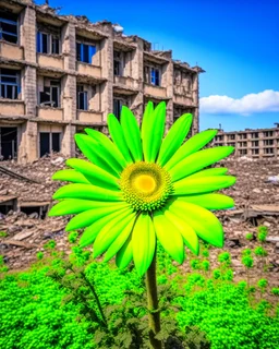 flower of peace blooming on damaged building in war torn city