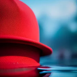 Man underwater with red hat for hair, closed eyes, rtx, reflection, 8k, glow, winning photography, caustics