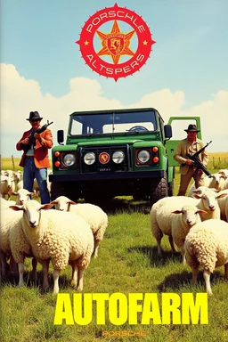 gangsta boys with mad weapons and girls, john players club 1980s cigarette advertisement sexy print Porsche autofarm magazine advertisement, vivid colours from the 80s, mcdonalds ad from the 80s, mac computer ad from the 80s, featuring a landrover being fixed at a farm. sheep are all over the place, company name in bold (AUTOFARM), nike print ad style, mac computer ad from the 80s, 1980s rc print advertisement