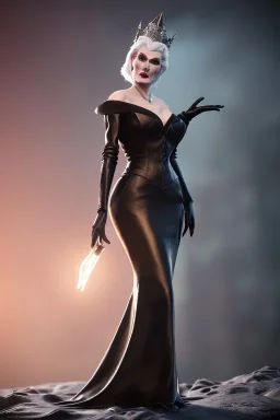 Carmen Dell`orifice as evil queen in black leather gown, angry, busty, curvey, cleavage, unreal 5, octane render,cinema4d, dynamic lighting, dramatic lighting, 4k, redshift render, highly detailed, hyper realistic