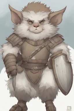 Dnd a young bugbear with WHITE fur and leather armor with swords