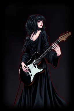 pretty goth girl(dressed in black flowing robes) rockin' on the guitar, leaning back, dark background, red outline, vignette, photo realism