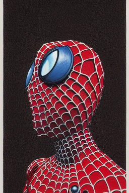 a vibrant ultraclear sideview waist up portrait of spiderman the robot by rene magritte and laurie greasley, etching by gustave dore, colorful flat surreal, ethereal, intricate, sharp focus, illustration, highly detailed, digital painting, concept art, masterpiece