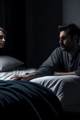 sitting next to a sleeping man on the side of the bed