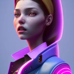 Spanish woman, rounded face, purpurin made up, red, blue, pink, cold, latex coat, leather, piercing, soft color, highly detailed, art stations, concept art, smooth, unreal engine 5, god rays, ray tracing, RTX, lumen lighting, ultra detail, volumetric lighting, 3d, finely drawn, high definition, high resolution, neon background.