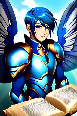 a human male with blue short hair and blue wings in assymetrical armor with geometric patterns and a book in hand