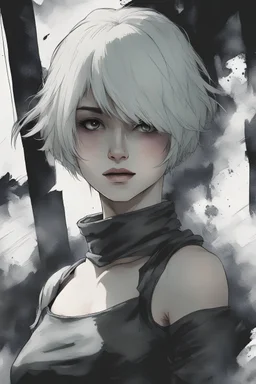 2B from NieR Automata wearing a short black dress. A soft-focus image of the silver moonrise casting a cool glow, create in inkwash and watercolor, in the comic book art style of Mike Mignola, Bill Sienkiewicz and Jean Giraud Moebius, highly detailed, gritty textures,
