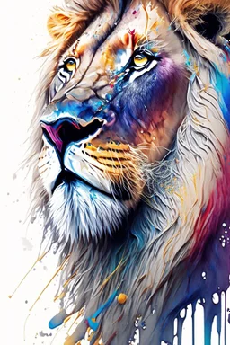 "lion", clean design, art station, splash of colorful paint, contour, ((solid white background)), gazing into camera, hyperdetailed intricately detailed, unreal engine, fantastical, cinema lighting, intricate detail, splash screen, complementary colors, fantasy concept art, 8k resolution, DeviantArt masterpiece, watercolor, paint dripping