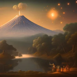 japanese landscape with a east asian cherry tree in front of a volcano, stars colliding in the background